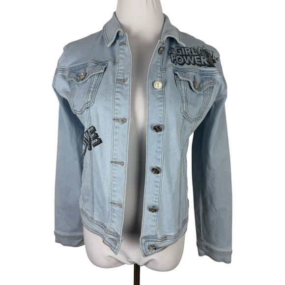Blue Topic Jackets & Blazers - Blue Topic Women's Small Girl Power Comic Graphic Denim Jacket Light Wash